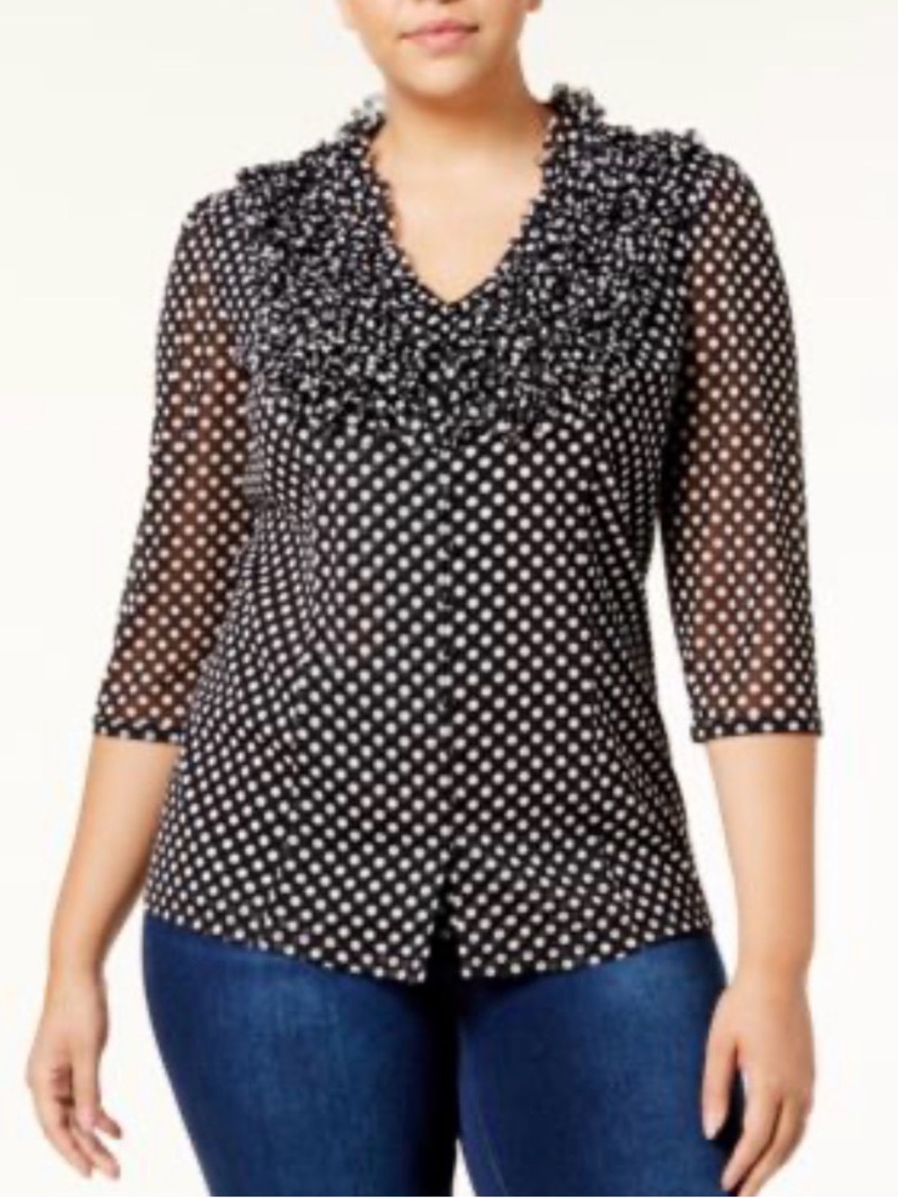 INC International Concepts Sz 2X Black White Polka Dots Blouse Shirt Sheer